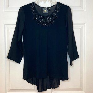 Vecceli Italy Black Blouse w/Sheer Sleeves & Pleated Back, Beading at Neckline M